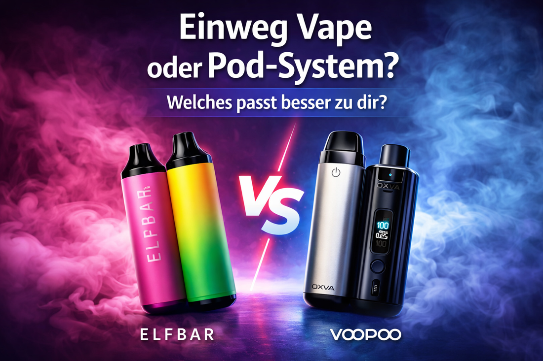 Einweg Vape und Pod-System im Vergleich mit farbigem Rauch und modernem Vape-Design